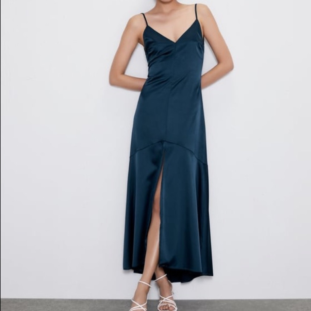 Zara navy midnight blue satin dress.